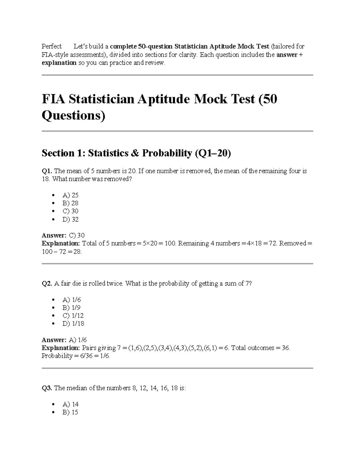 FIA Statistician Aptitude Mock Test: Complete Practice (50 Questions ...