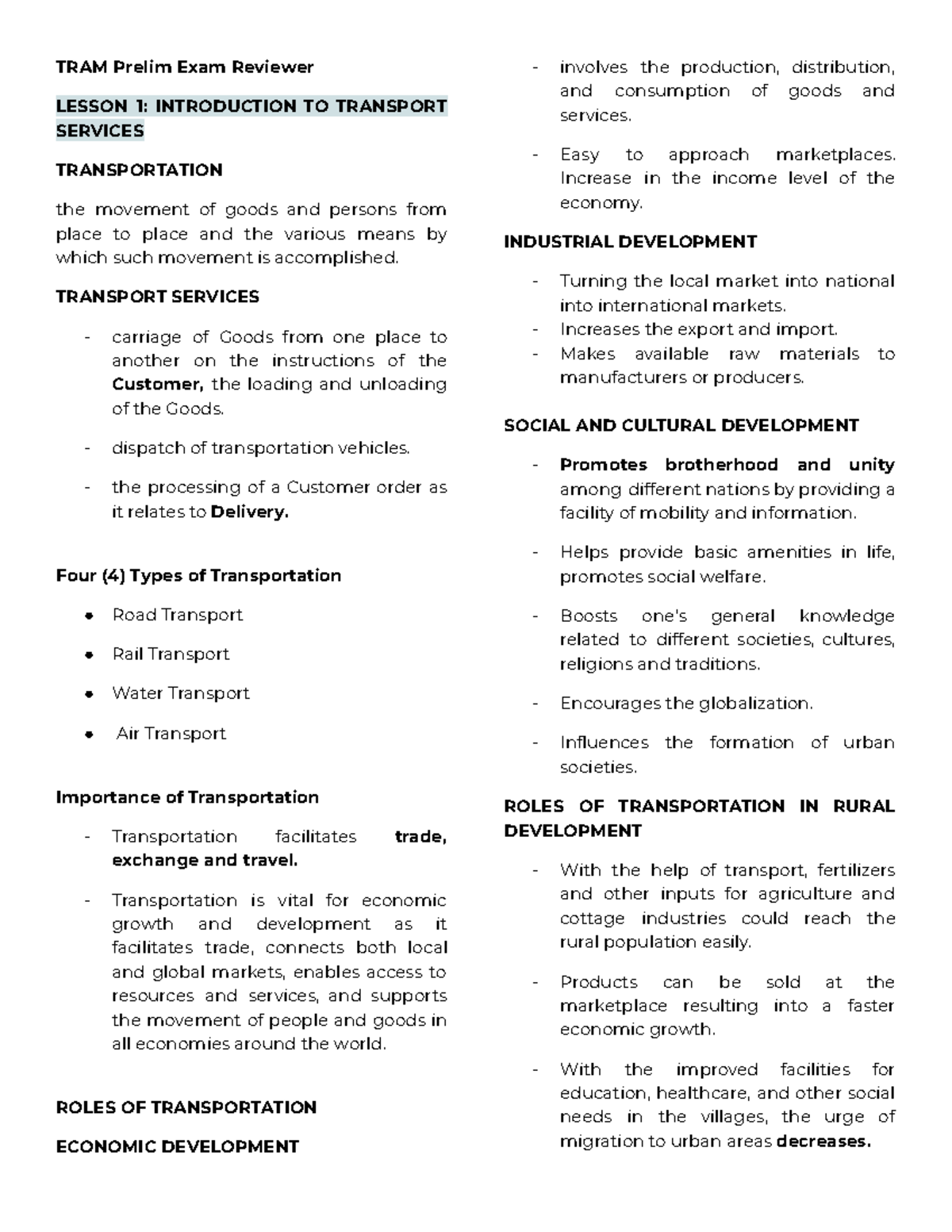 TRAM Prelim Exam Reviewer: Introduction to Transport Services and Their ...