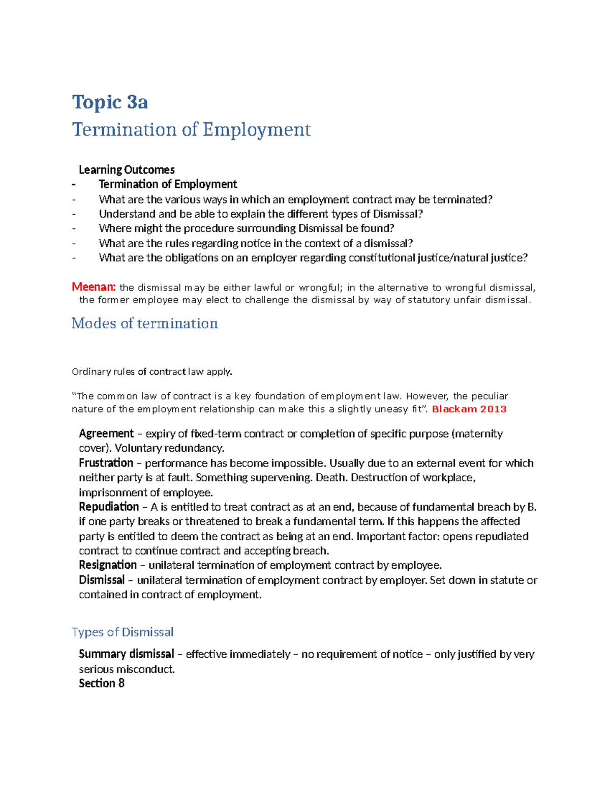 Final Exam Notes: Employment Law - Dismissal (Topics 3a & 3b) - Studocu