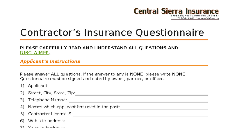 Insurance Questionnaire: Important Details and Instructions - Studocu