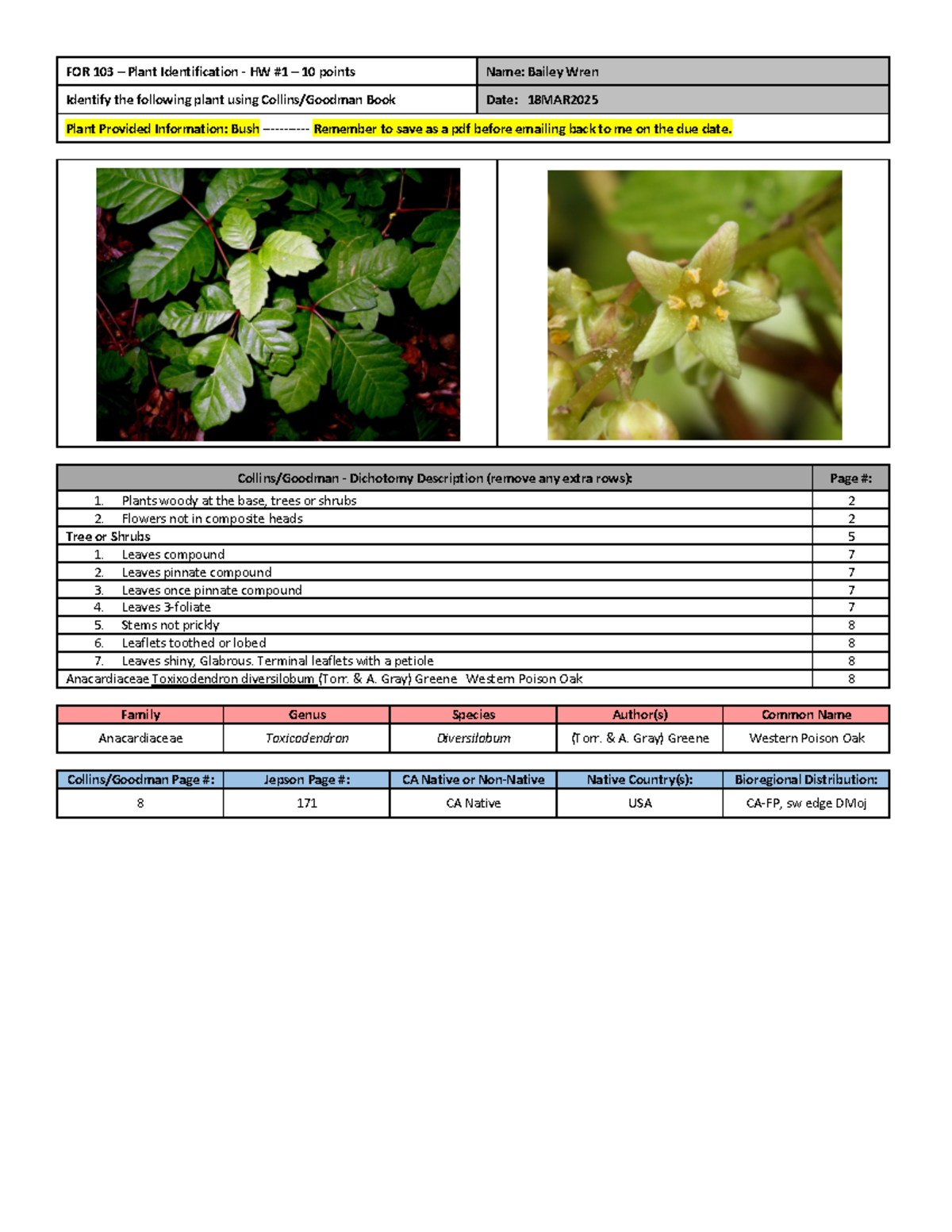 FOR 103 - Plant Identification - HW #1 - Western Poison Oak Analysis ...