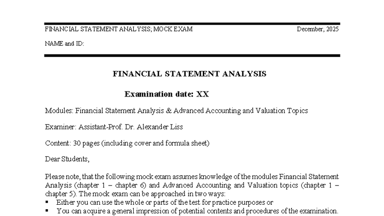 FSA 2025 Mock Exam: Financial Statement Analysis Practice Test - Studocu