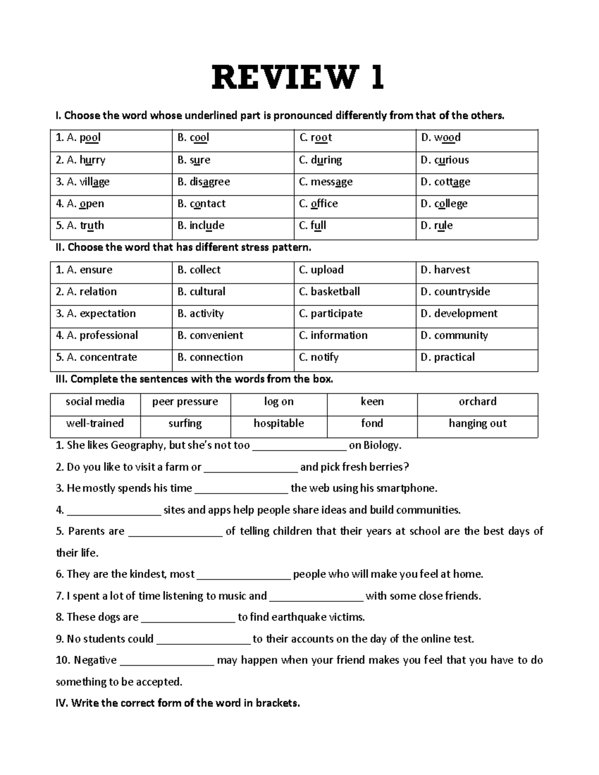 [G8] Final Exam Review 1 (U123) - Vocabulary & Grammar Exercises - Studocu