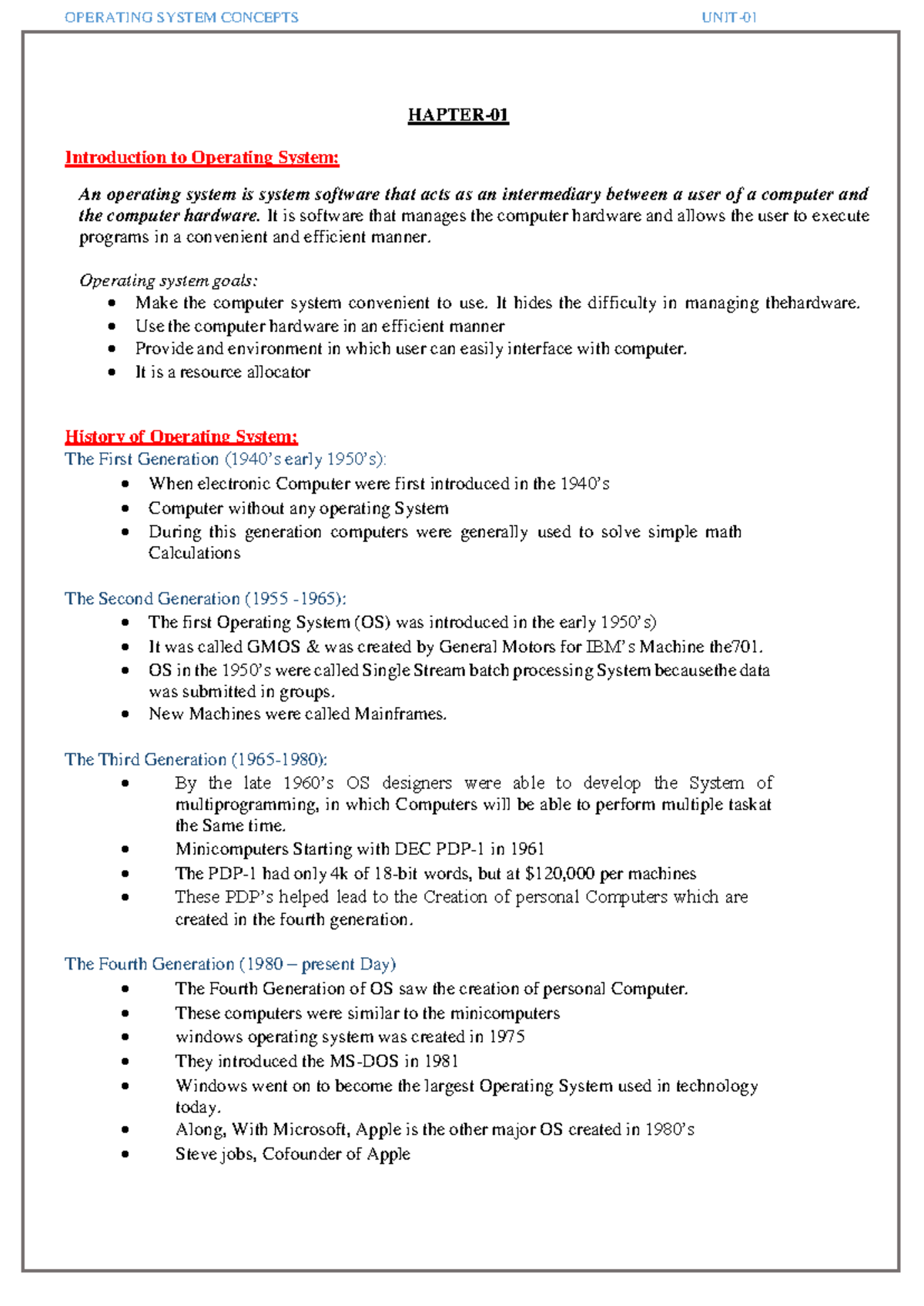 OS-UNIT 01: Comprehensive Notes on Operating System Concepts - Studocu