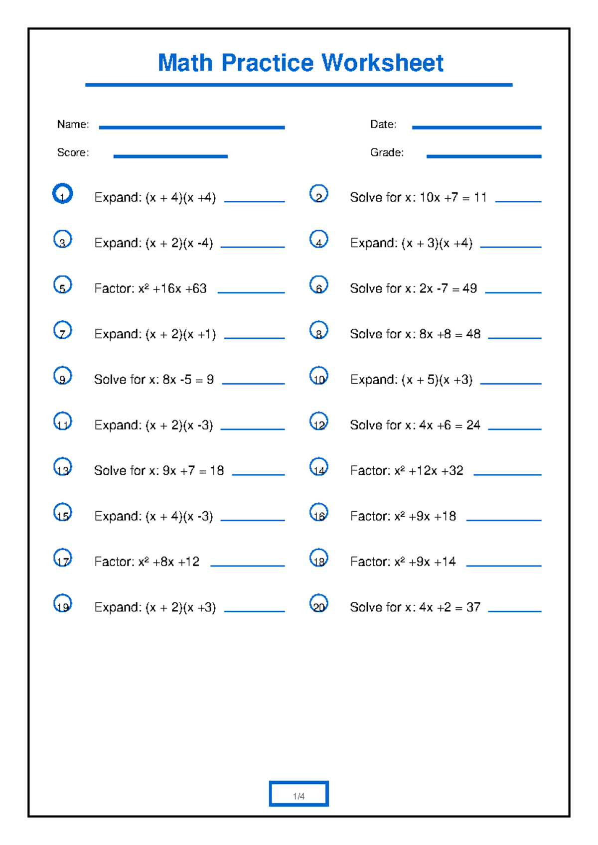 Math Practice Worksheet 7: Expanding and Solving for x - Studocu
