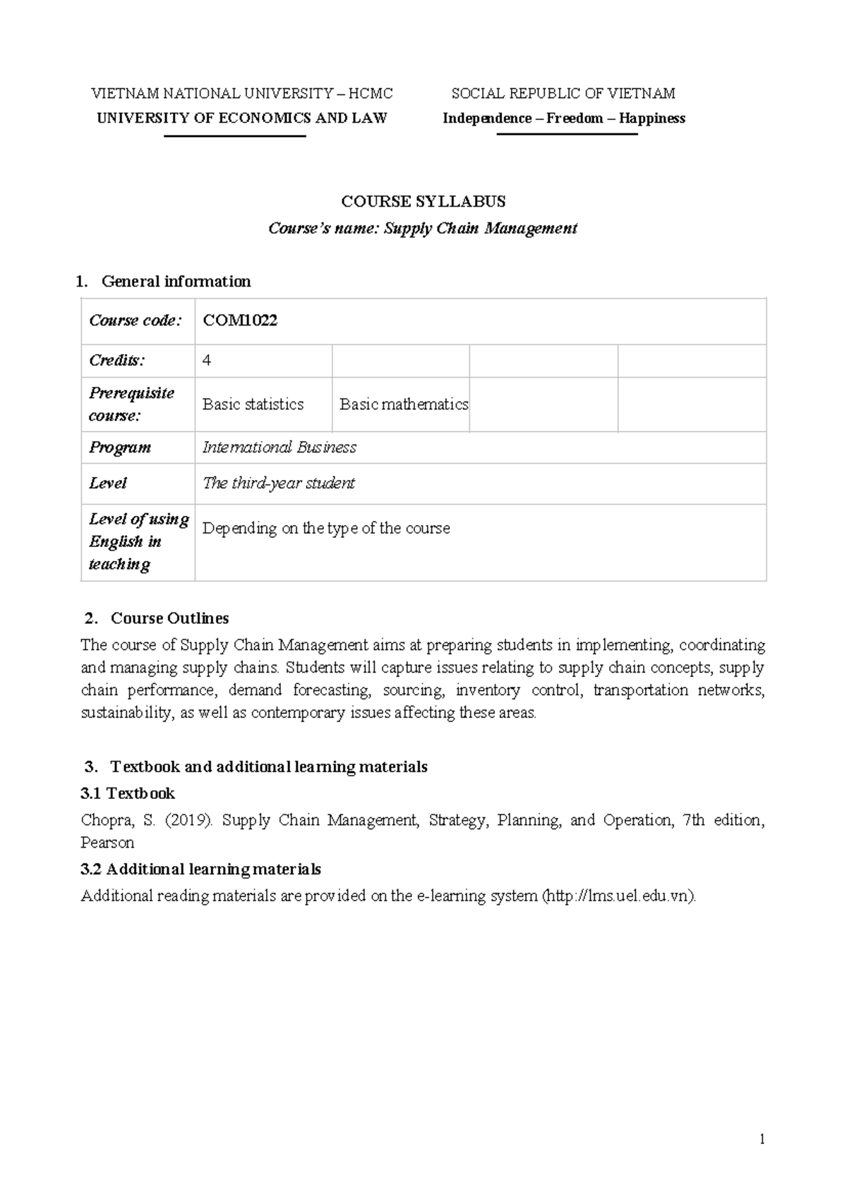 Syllabus for Supply Chain Management (COM): Course Overview and Goals ...
