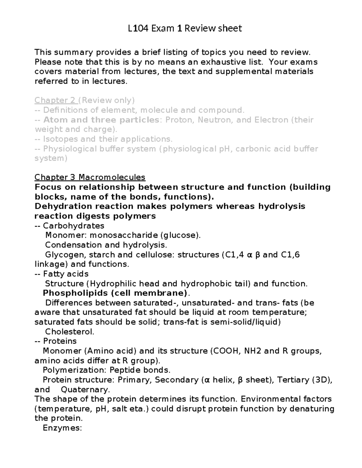 Biology 101: Exam 1 Review Sheet for Chapters 2-6 Topics - Studocu
