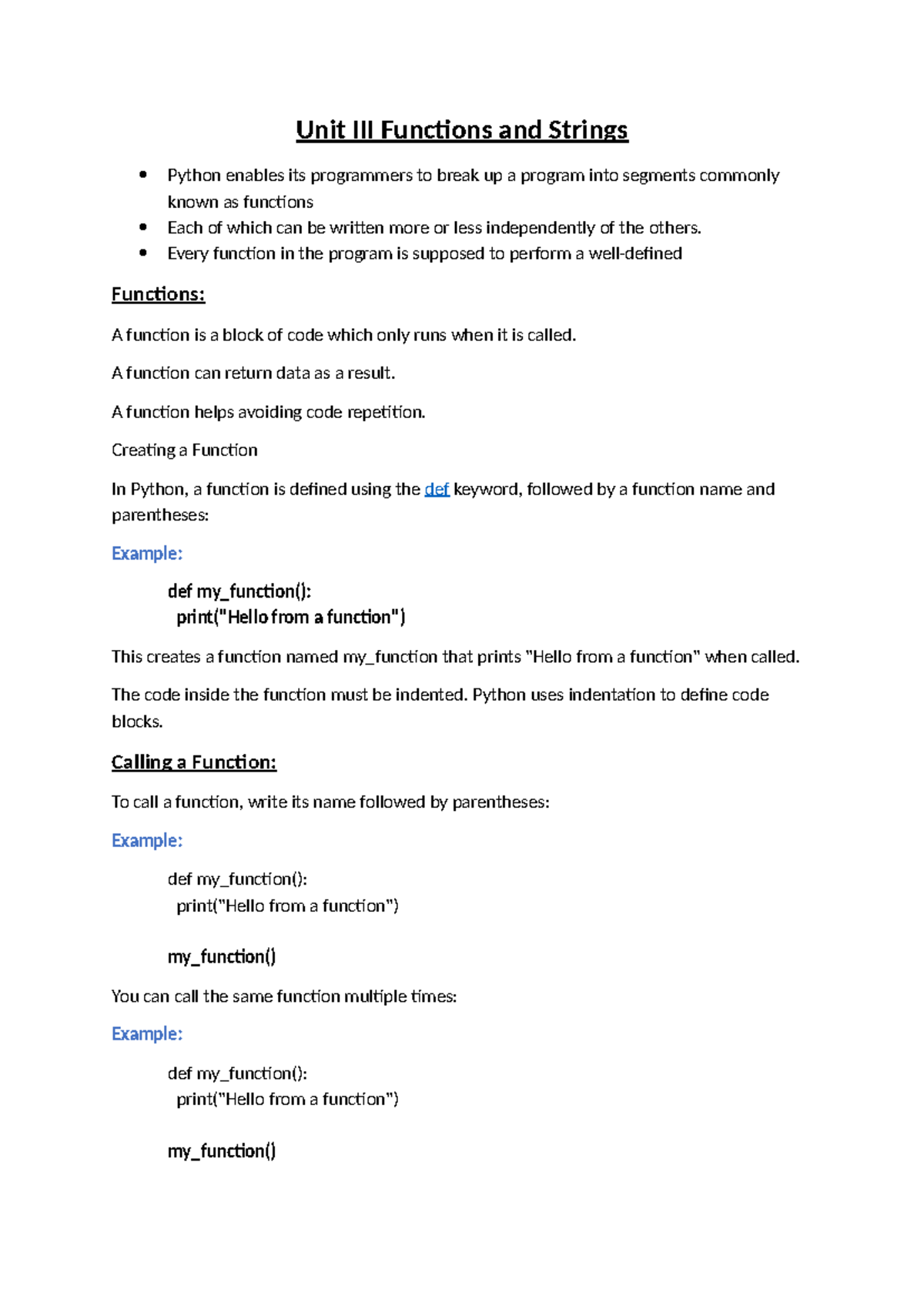 Functions in Python - Unit III Overview and Examples - Studocu