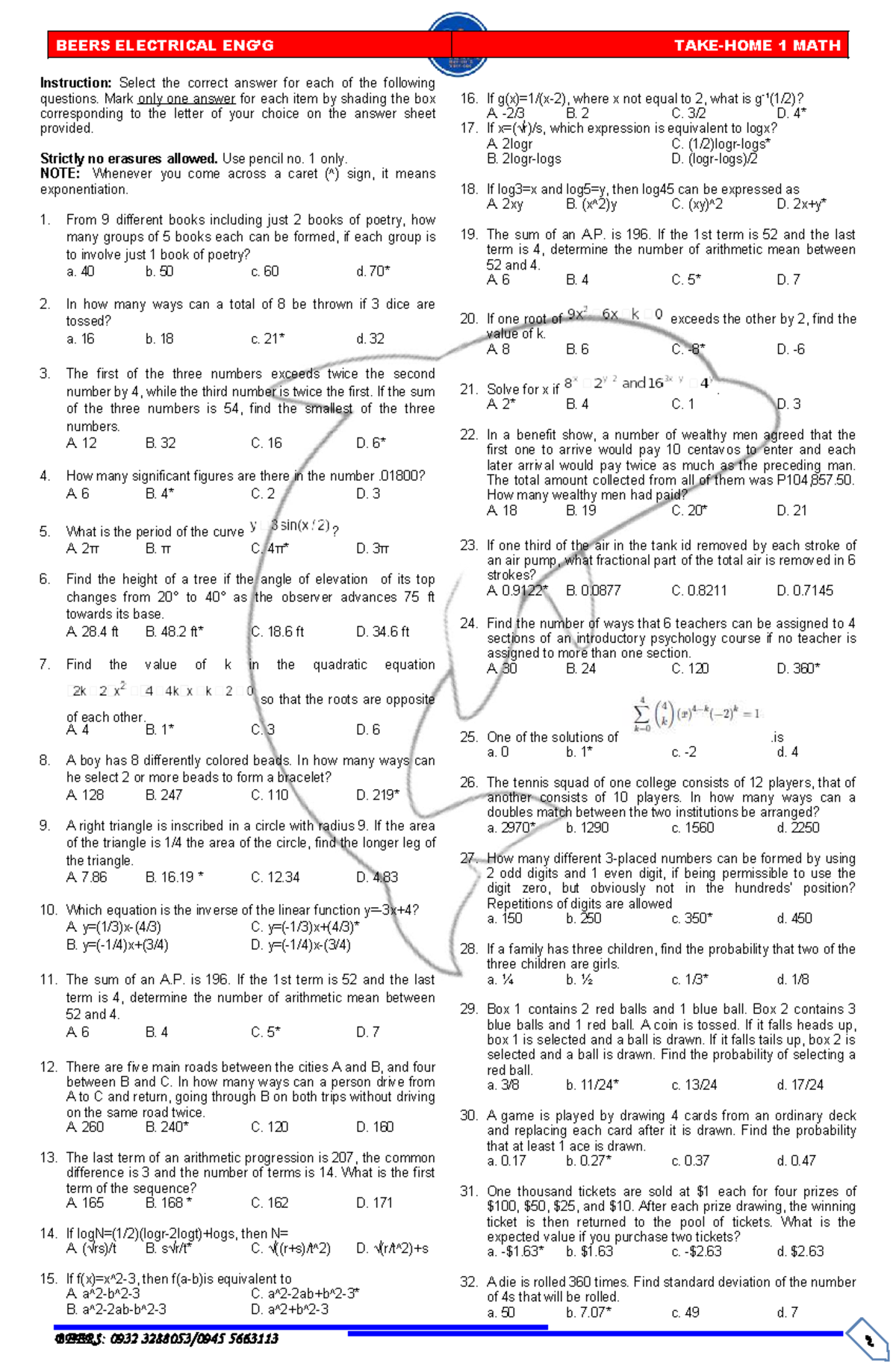 REF 1 MATH EE - PRACTICE PROBLEMS: Answer Key and Solutions - Studocu