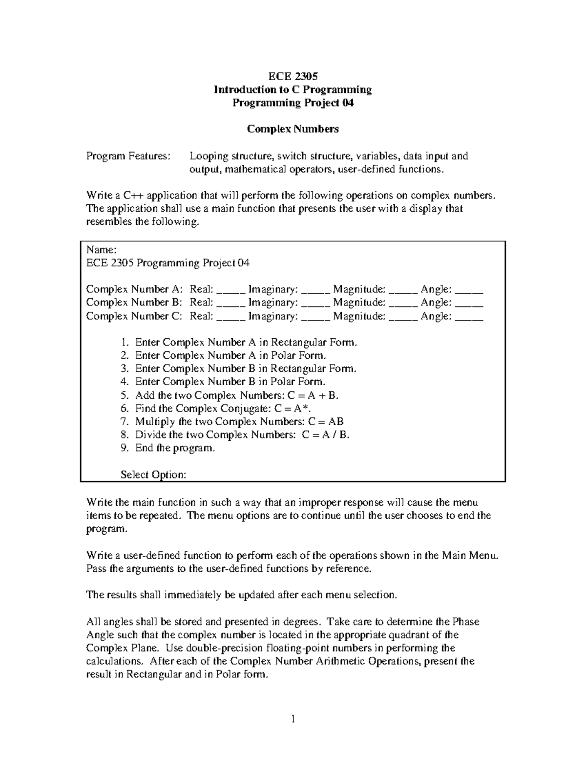 ECE 2305 Programming Project 04: Complex Numbers Application - Studocu