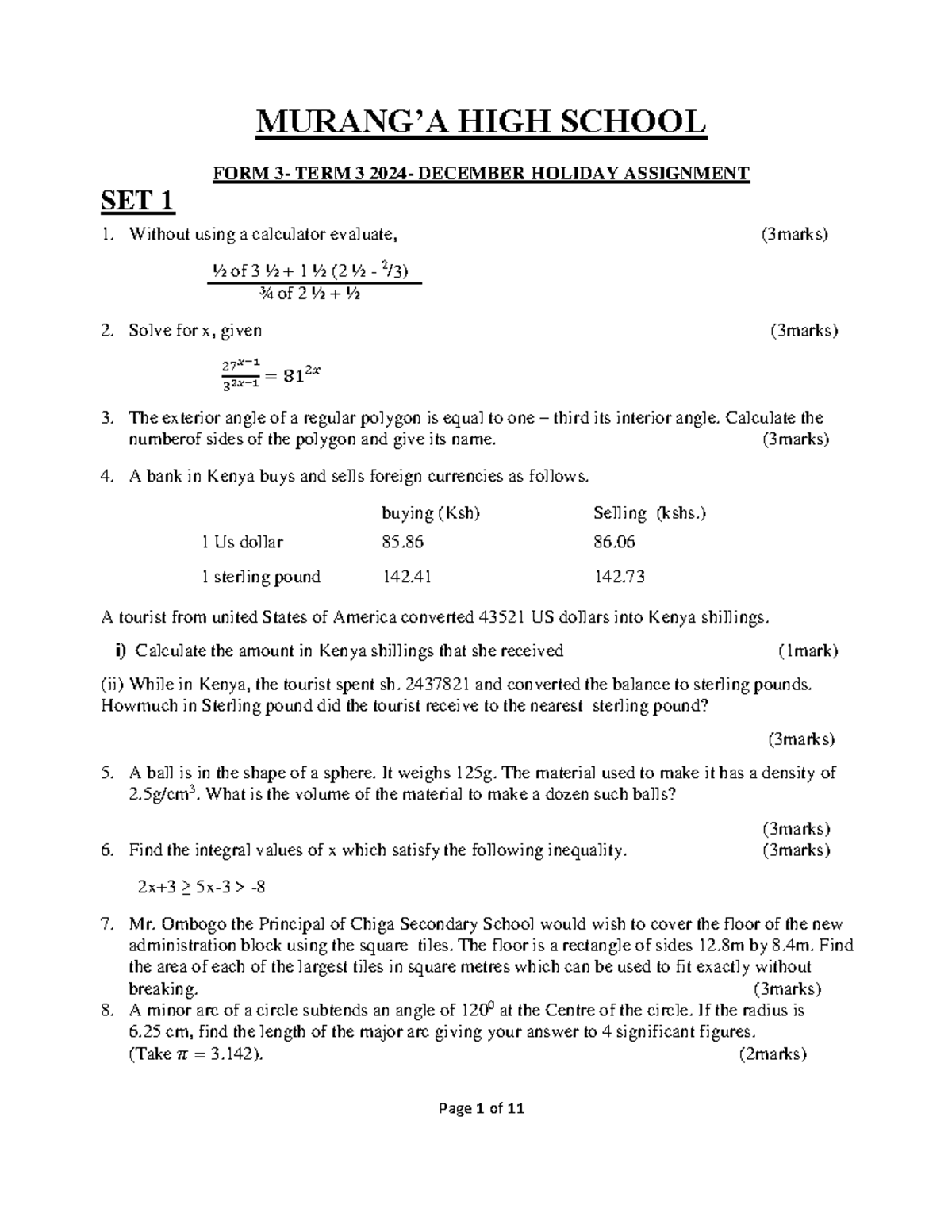 Math - High School Term 3 December Holiday Assignment Set 1 & 2 - Studocu