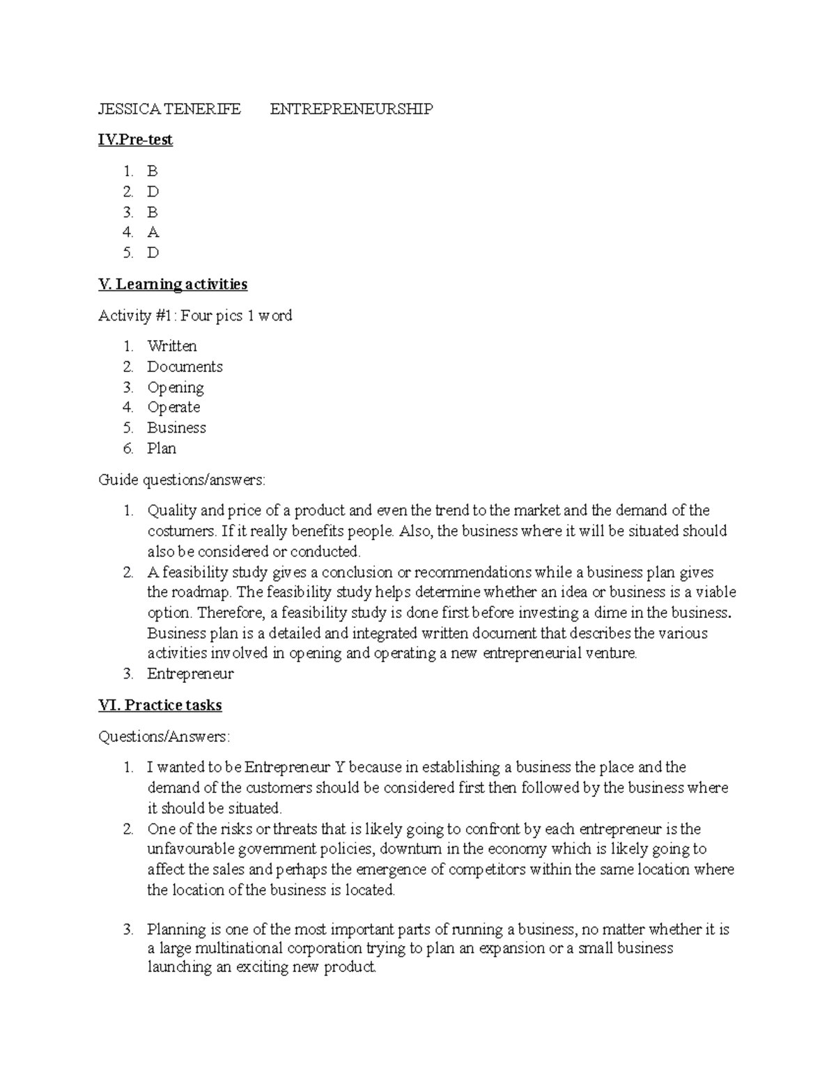 Entrepreneurship Study Materials for BUS 101: Business Plan Insights ...
