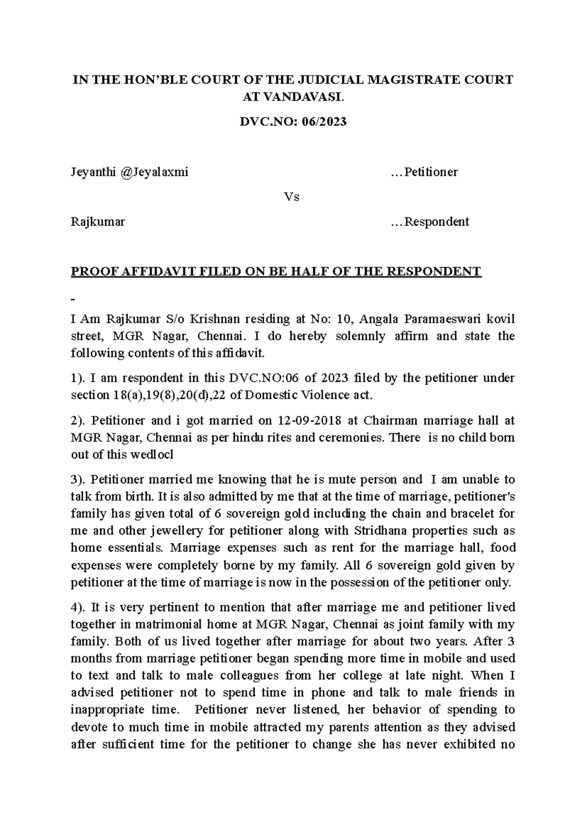 DVC:06/2023 Proof Affidavit of Rajkumar in Domestic Violence Case - Studocu