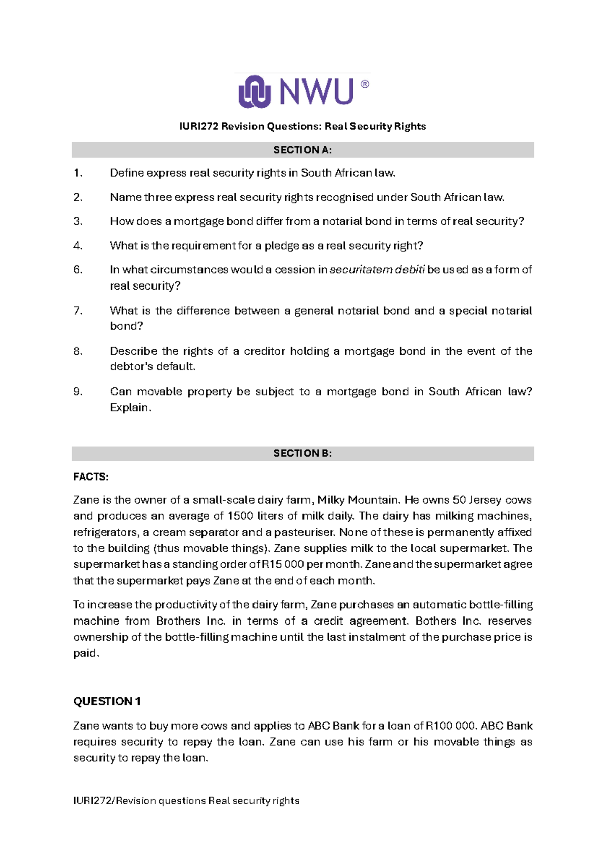 IURI272 Revision Questions Real Security Rights - IURI272/Revision ...