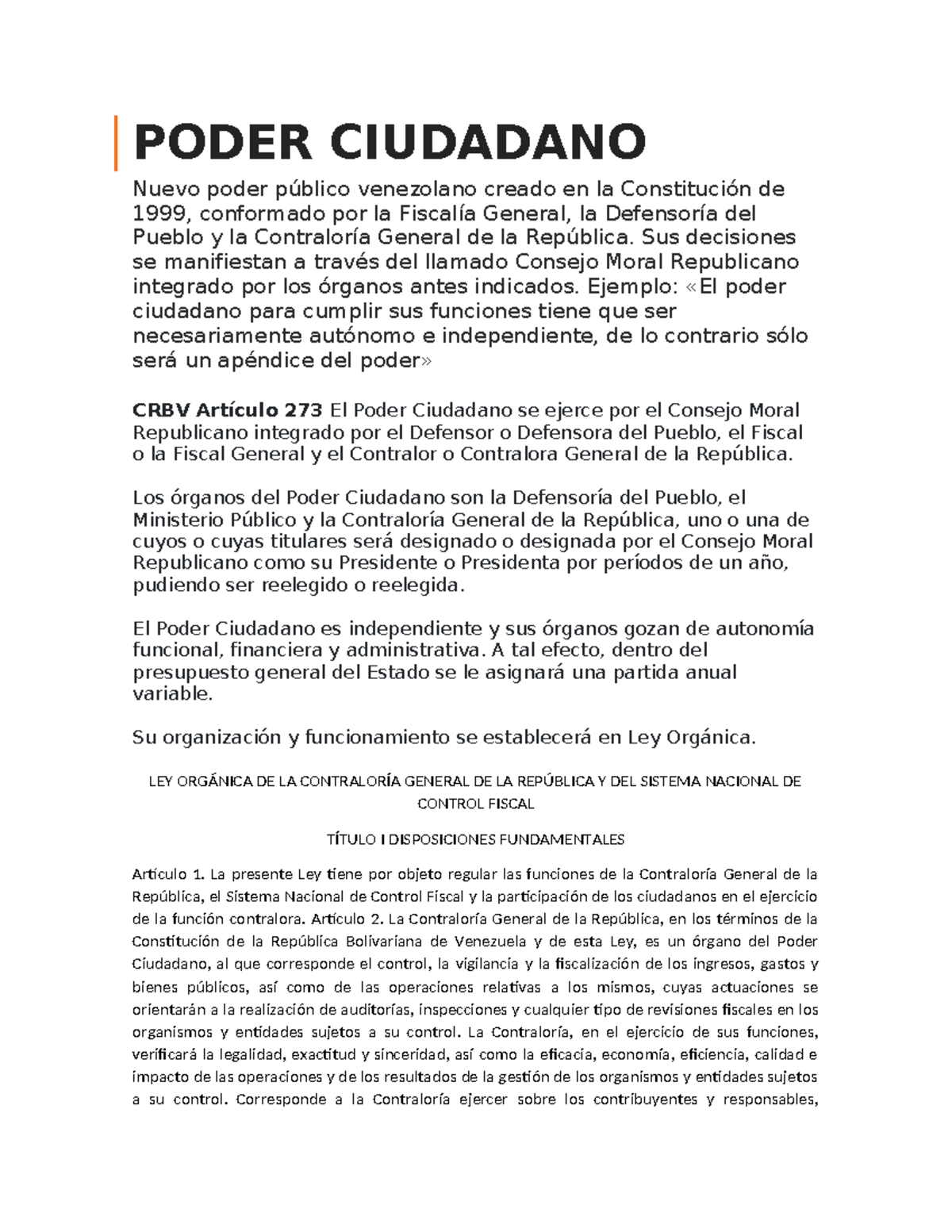 Poder Ciudadano y su Función en la Constitución Venezolana 1999 - Studocu