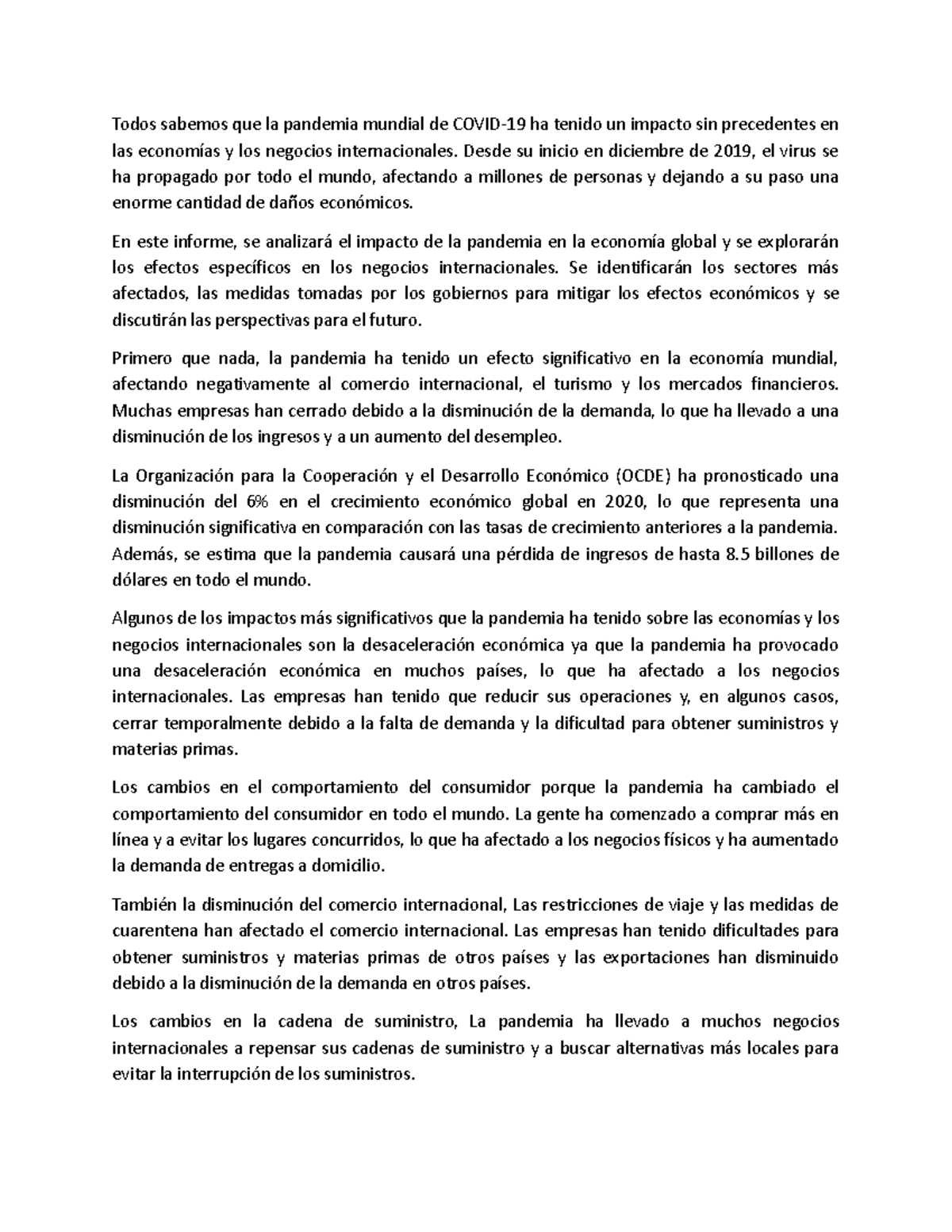 Trabajo Final: Impacto de la Pandemia en Negocios Internacionales - Studocu