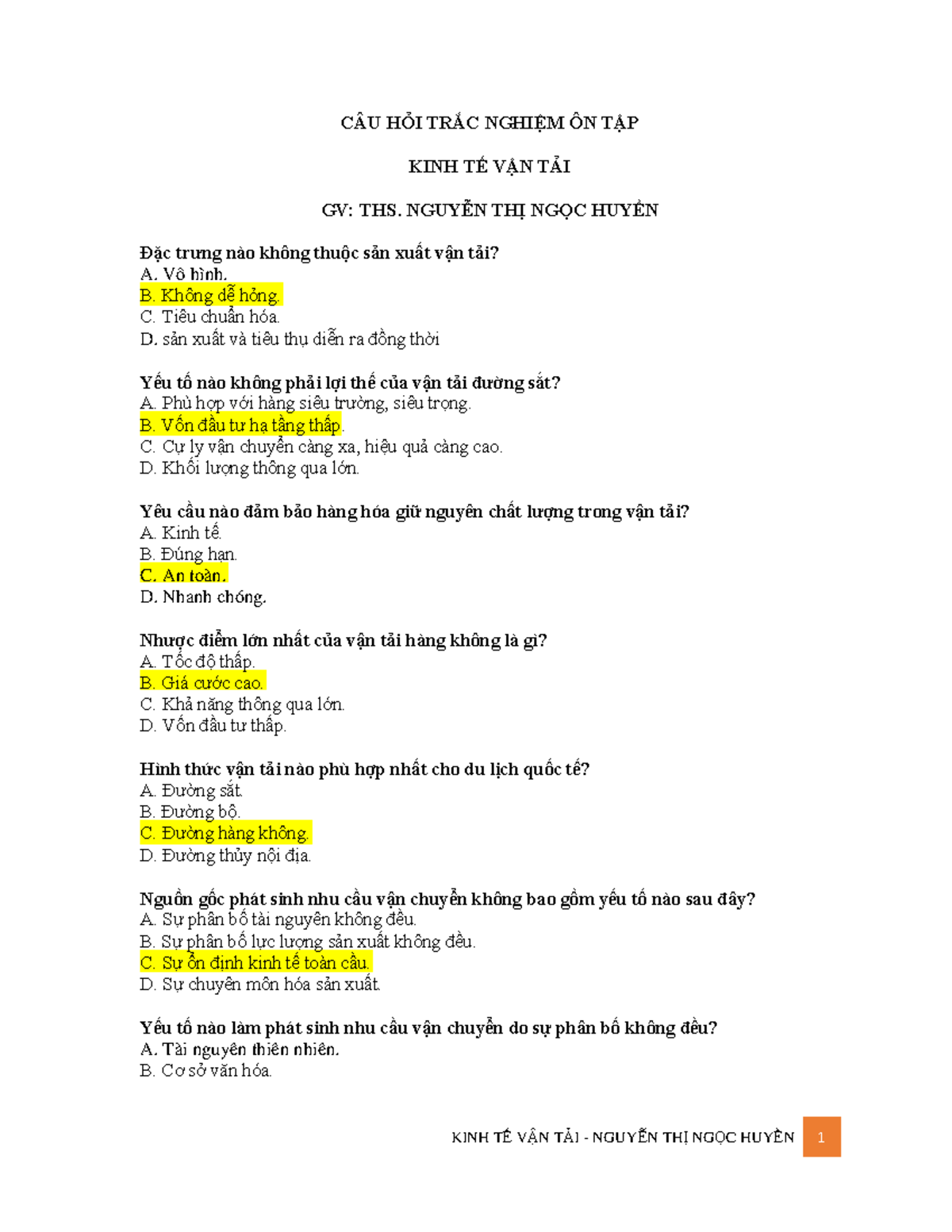 Câu Hỏi Trắc Nghiệm Ôn Tập - Kinh Tế Vận Tải - Document Preview