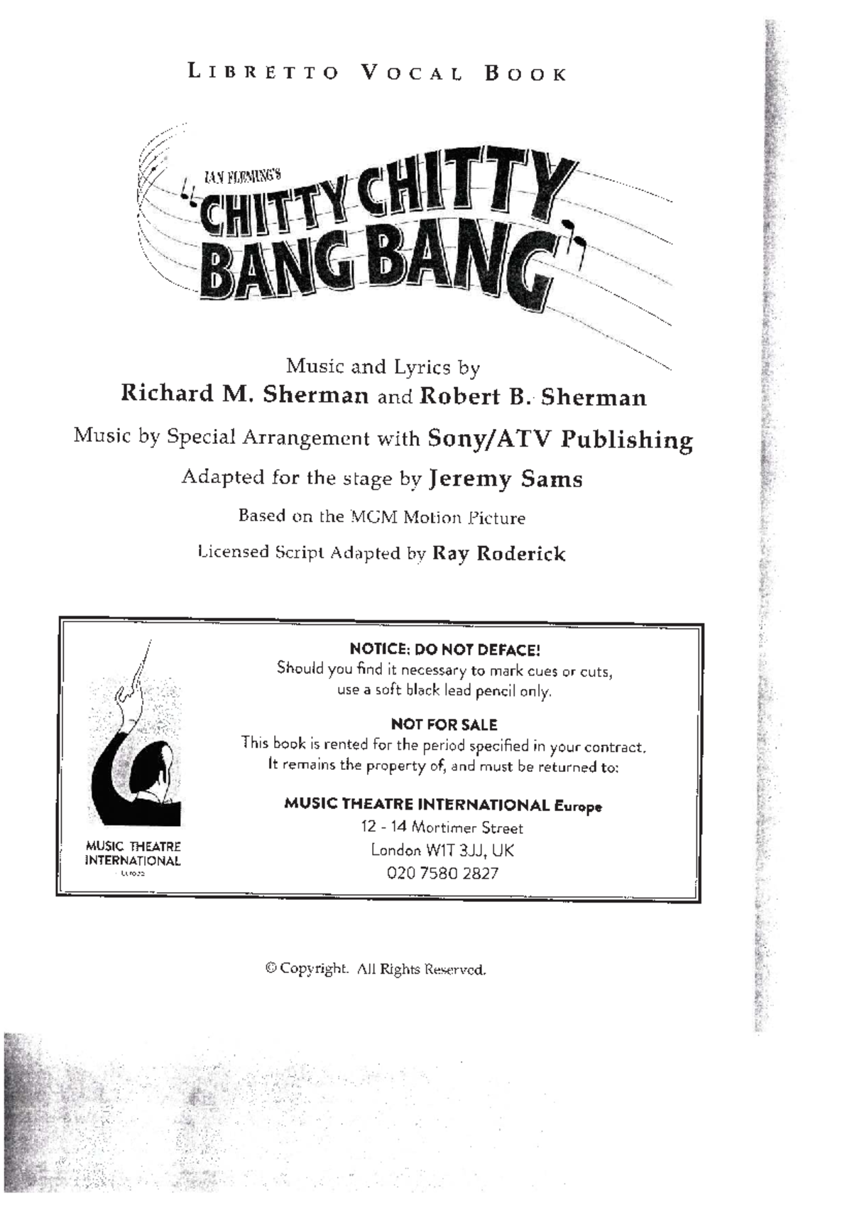 Chitty Chitty Bang Bang Vocal Libretto - Music & Lyrics by Sherman ...