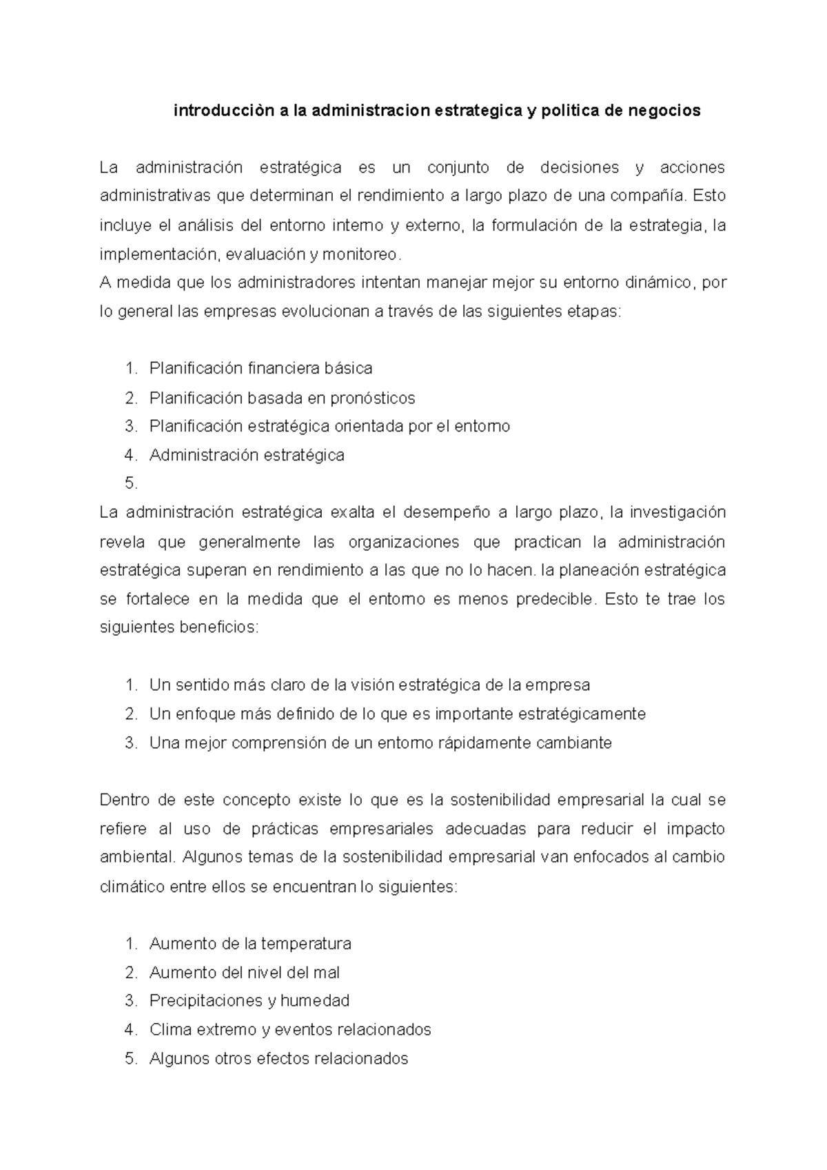 Introducción a la Administración Estratégica y Política de Negocios ...