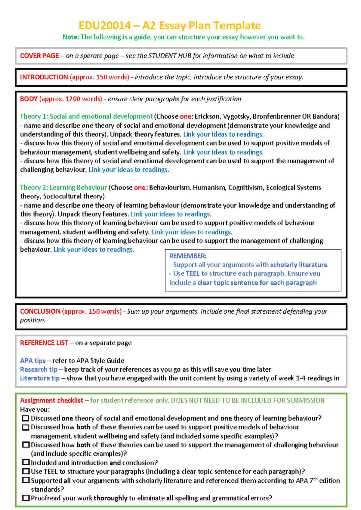 EDU20014 A2 Essay Plan Guide: Theories of Development & Learning - Studocu