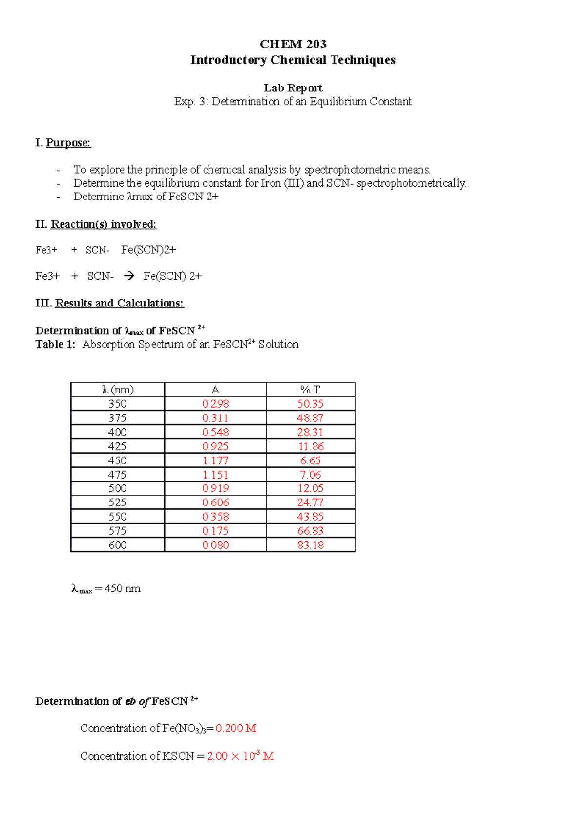 Lab Report CHEM 203 - Exp. 3: Equilibrium Constant of FeSCN2+ - Studocu