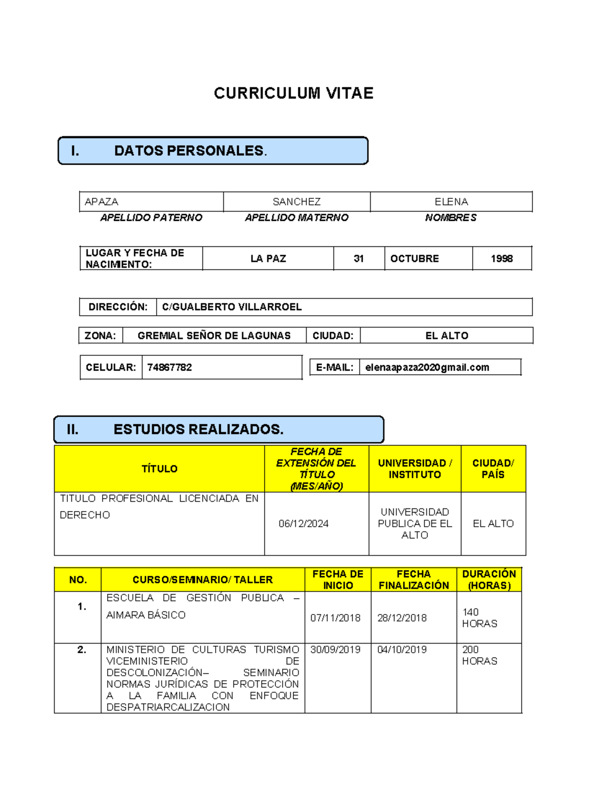 CV of Elena Apaza - Professional Background and Education - Studocu