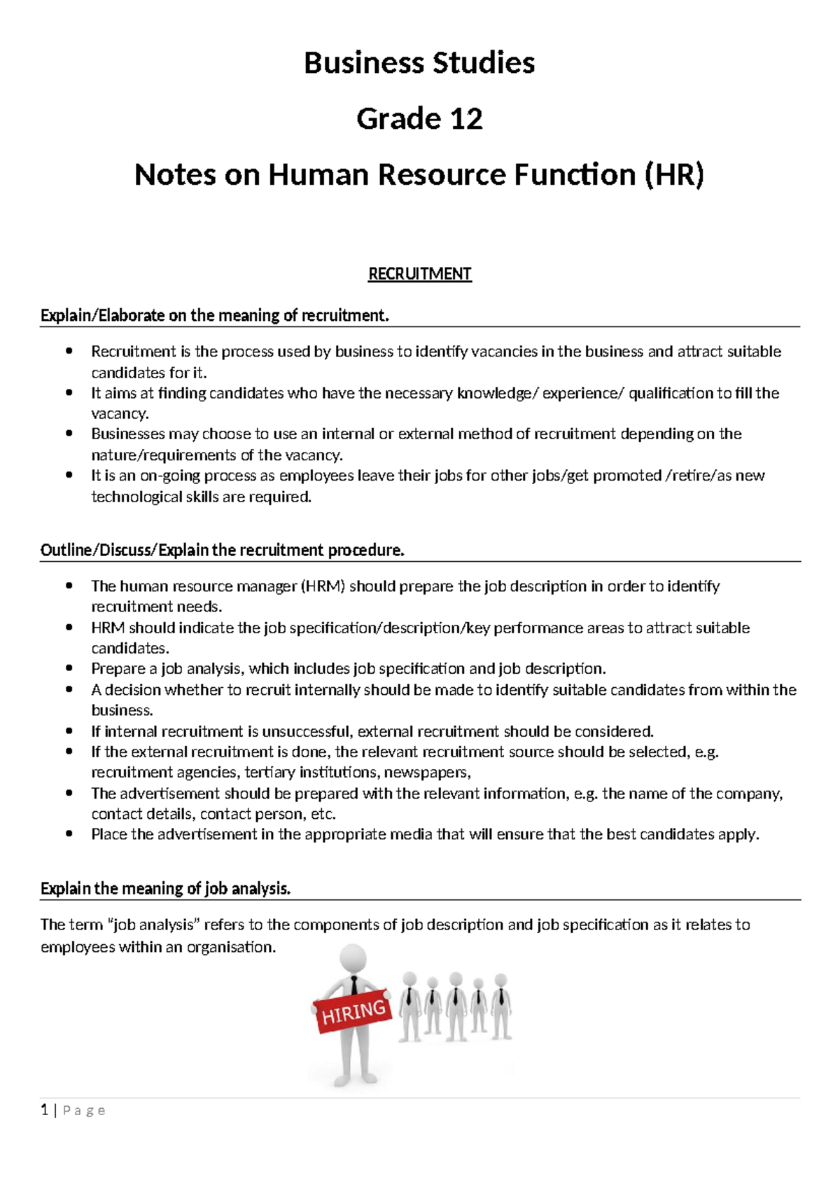 Business Studies Grade 12: HR Function & Recruitment Notes - Studocu
