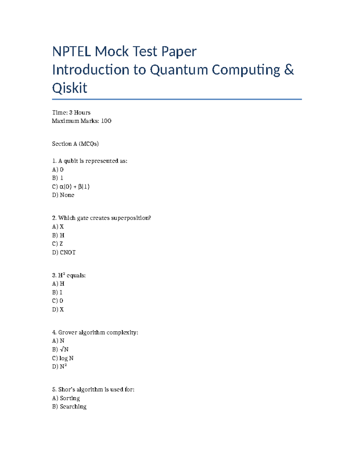 NPTEL Mock Test - Introduction to Quantum Computing - Studocu