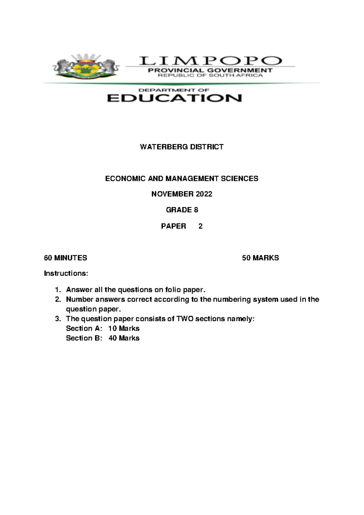 Grade 8 EMS Paper 2 QP - Waterberg District - Nov 2022 - Studocu