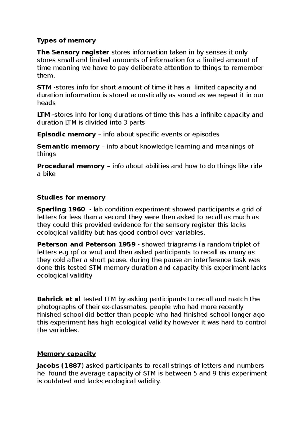 Psychology all of Memory paper 1 - Types of memory The Sensory register ...