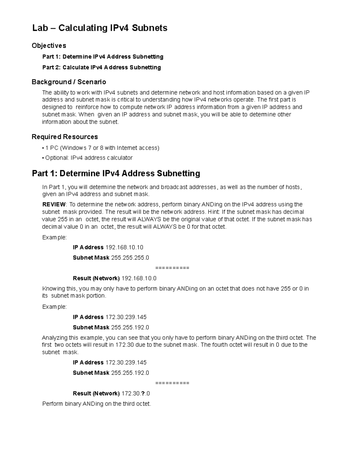 Lab 2.1 - IPv4 Subnetting: Address Calculations & Analysis - Studocu