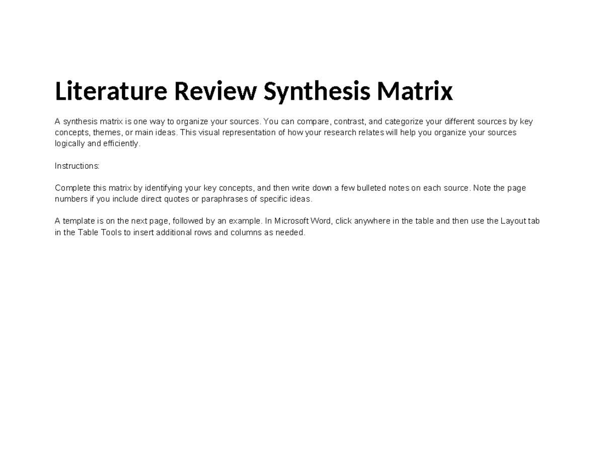 assignment 5 in class (library sources) - Literature Review Synthesis ...
