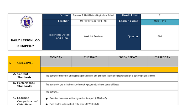 WEEK 4 PE DAILY LESSON LOG (DLL) - MAPEH Grade 7 Q1 - Studocu