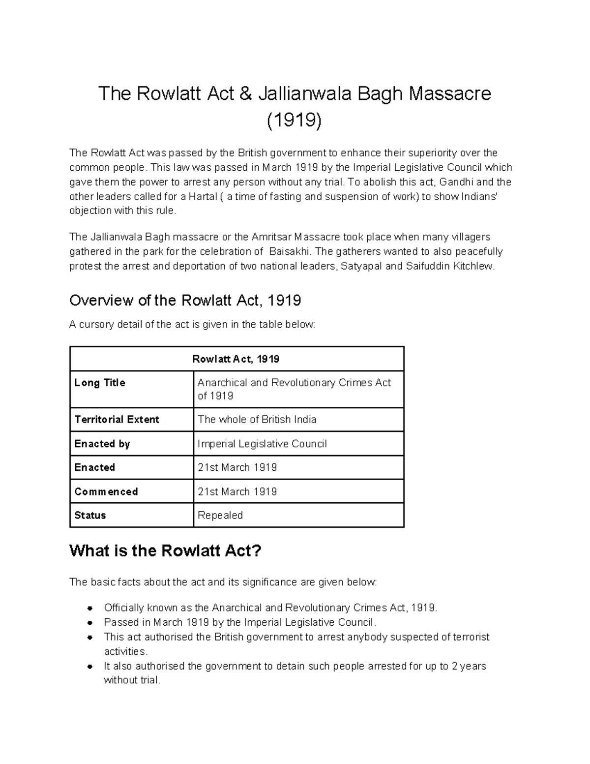 Rowlatt act was passed in - The Rowlatt Act & Jallianwala Bagh Massacre ...
