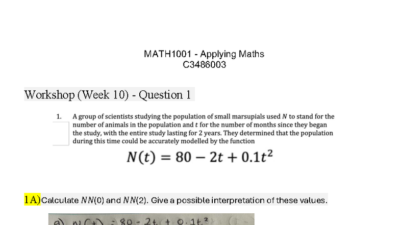 MATH1001 Workshop (Week 10) - Population Models & Caffeine Decay - Studocu