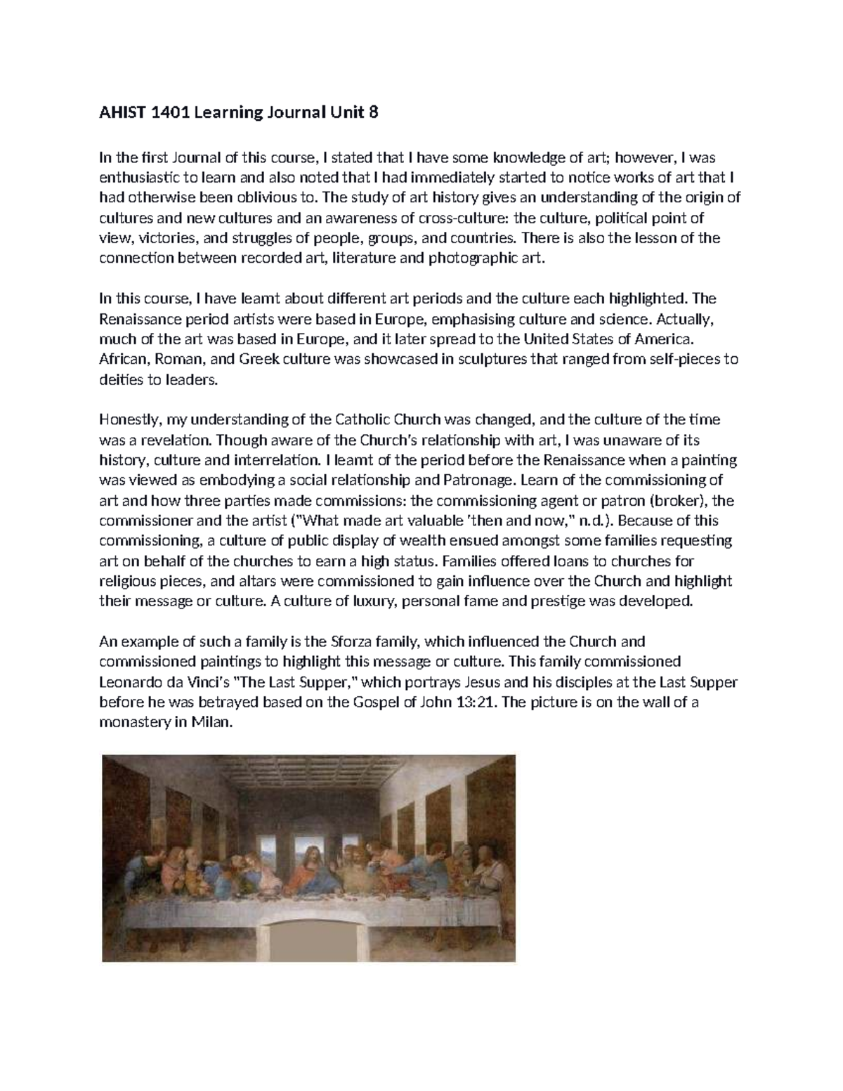 AHIST 1401 Learning Journal Insights: Unit 8 Reflection on Art History ...