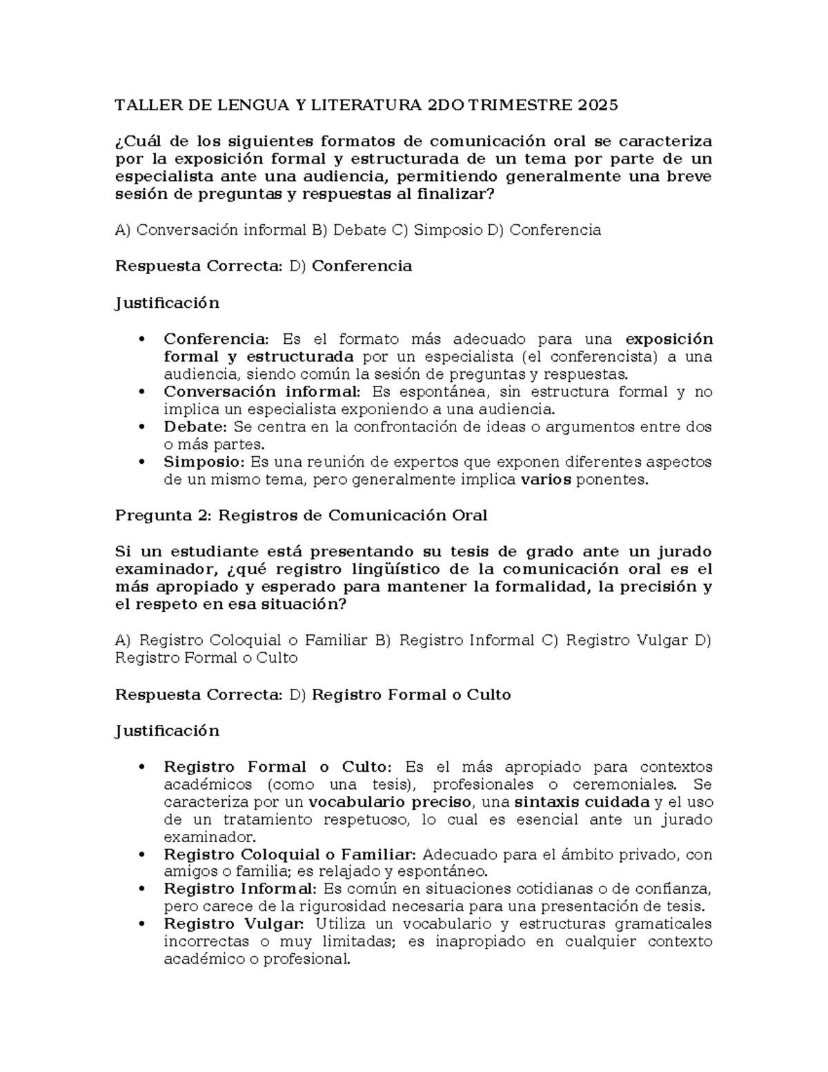 Respuestas Examen 2do Bachillerato - Lengua y Literatura 2025 - Studocu