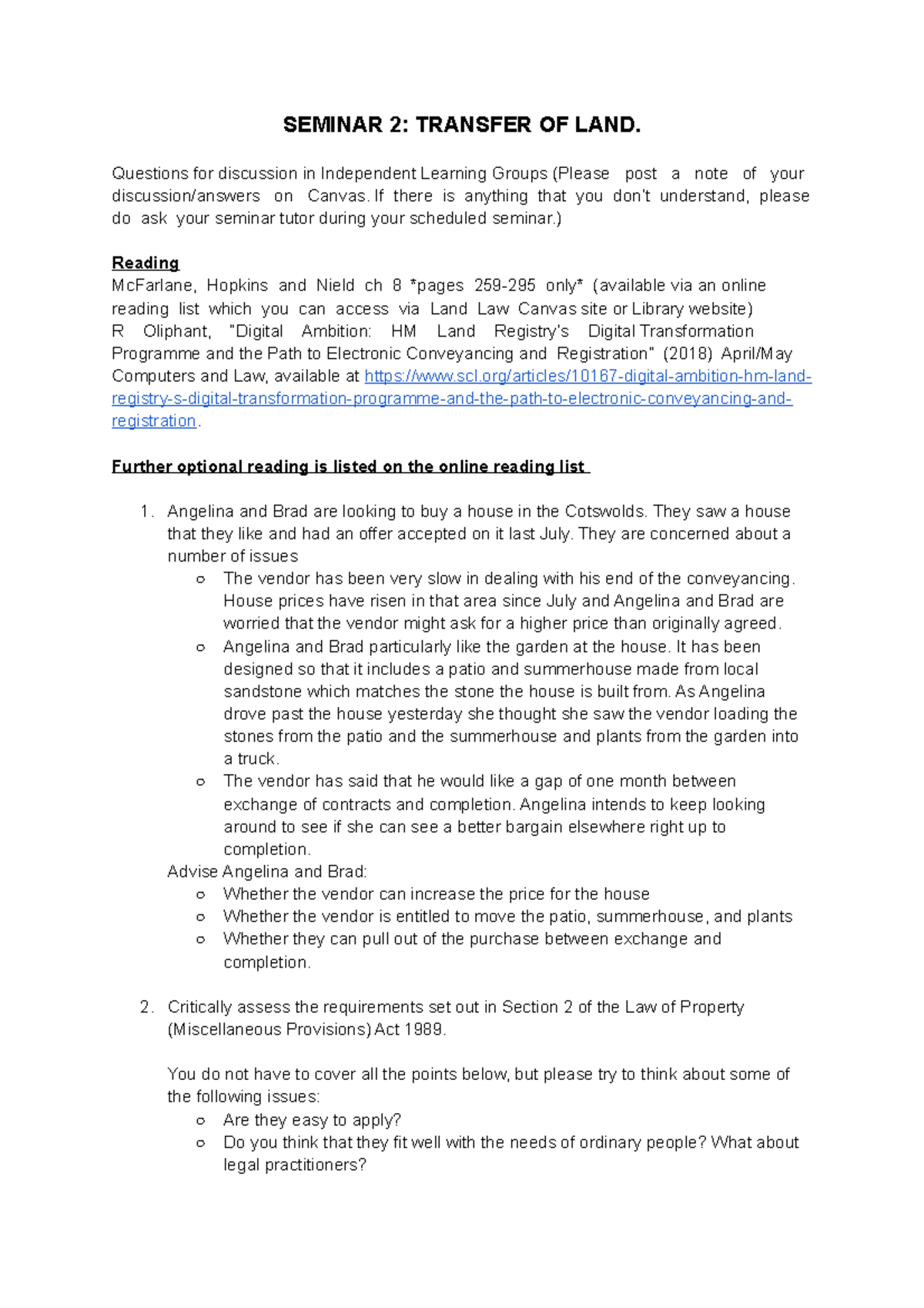 Seminar 2 - Land Law Notes on Transfer of Land and Conveyancing Issues ...