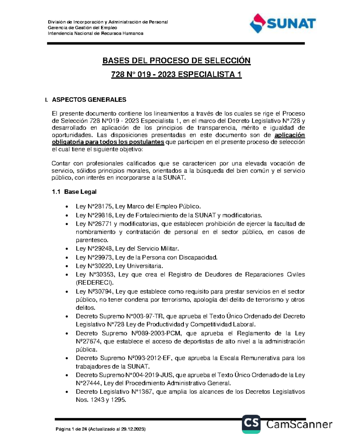 Bases del Proceso de Selección 728 N° 019 - 2023 Especialista 1 - Studocu