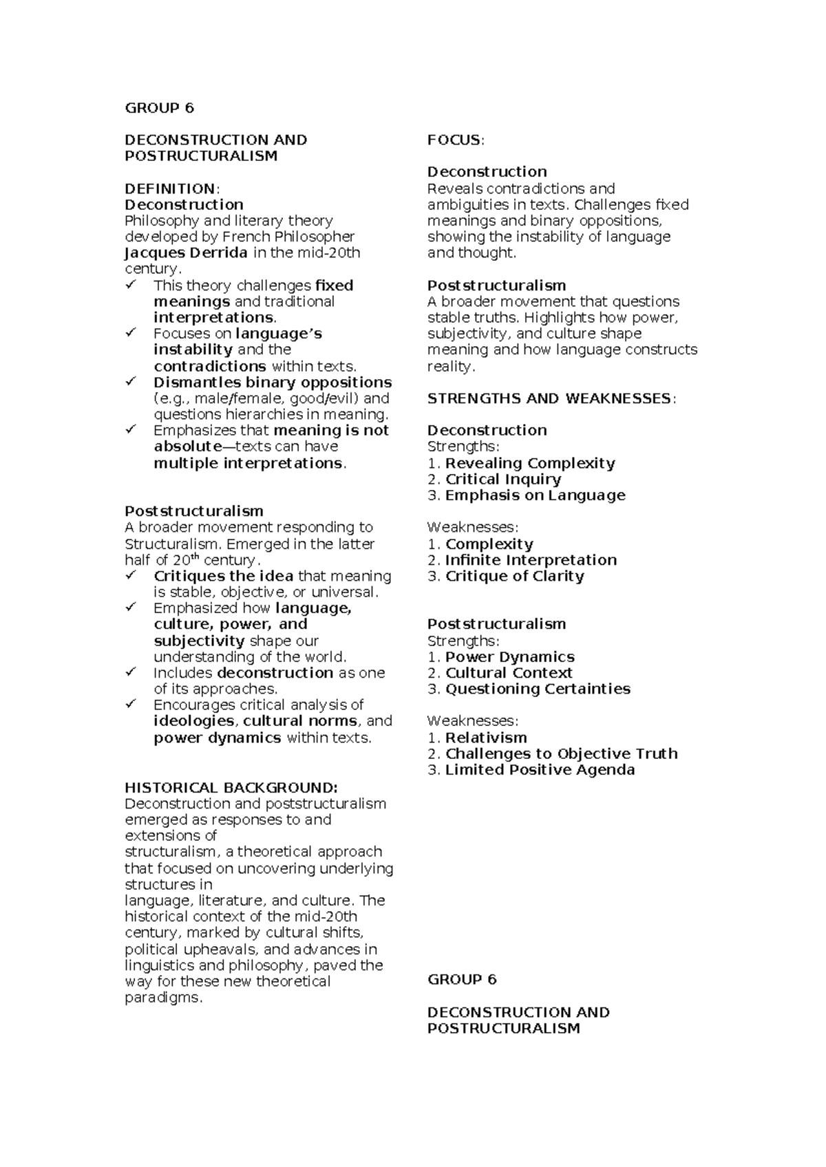 GROUP 6: Deconstruction & Poststructuralism Overview Handout - Studocu