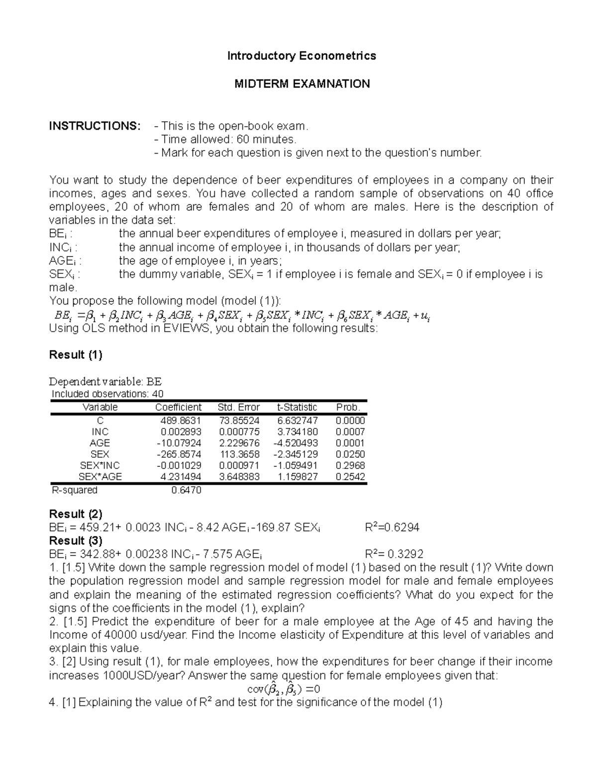 Midterm exam econometrics - Introductory Econometrics MIDTERM ...