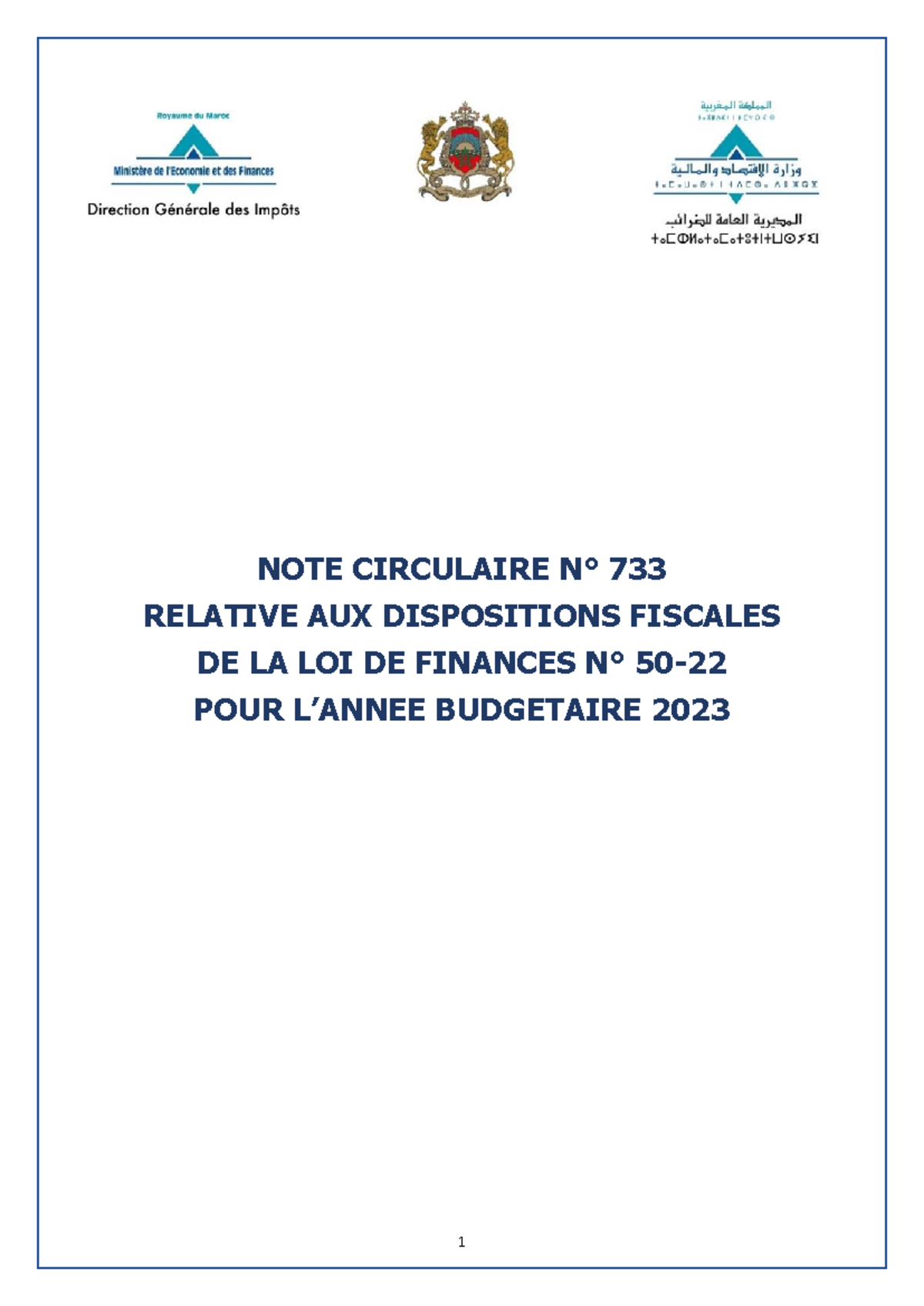 Note Circulaire N 733-2023 : Dispositions Fiscales Loi de Finances 2023 ...