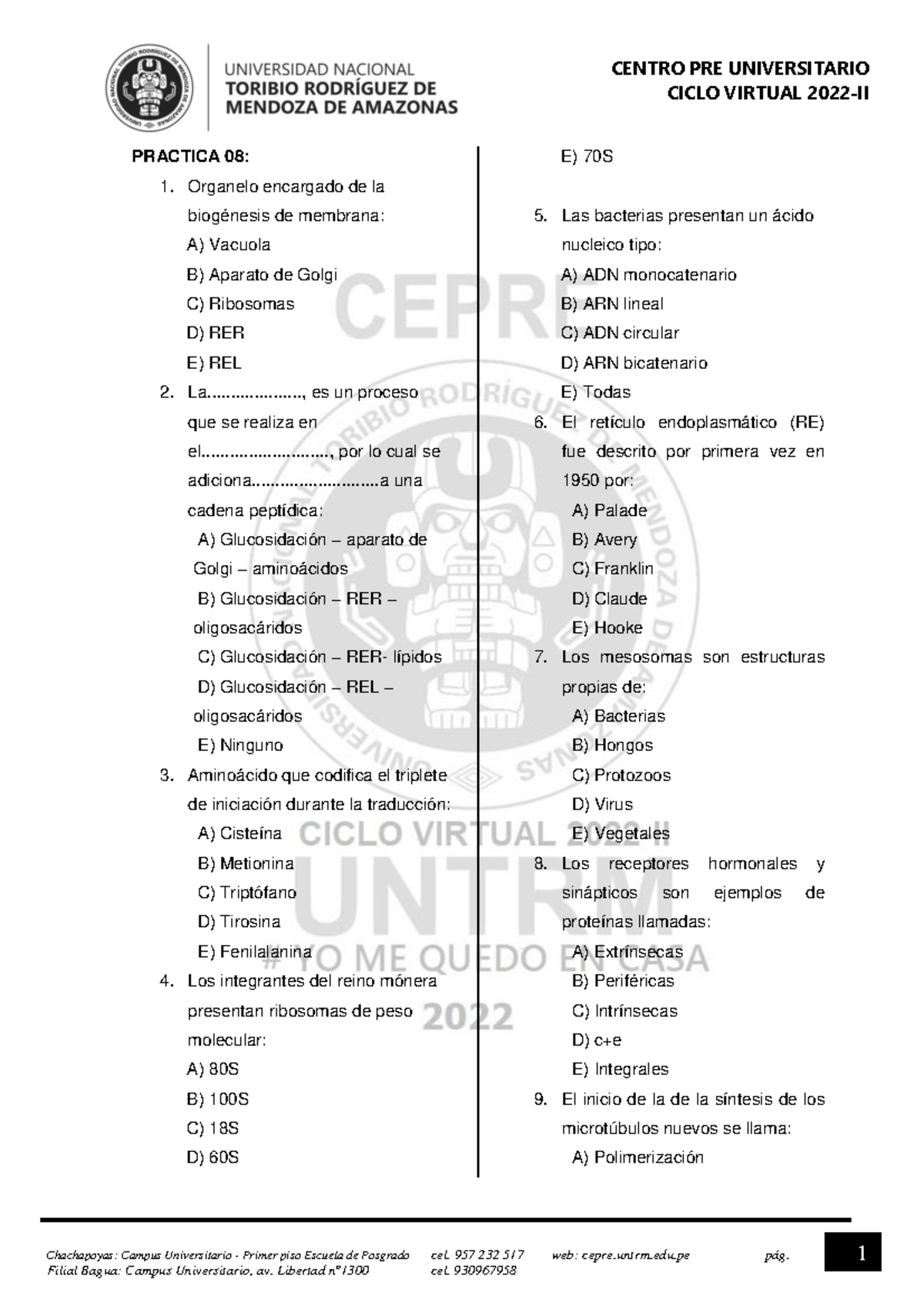 Práctica 08: Biología - Preguntas para Desarrollar Conocimientos en CICLO -  Studocu