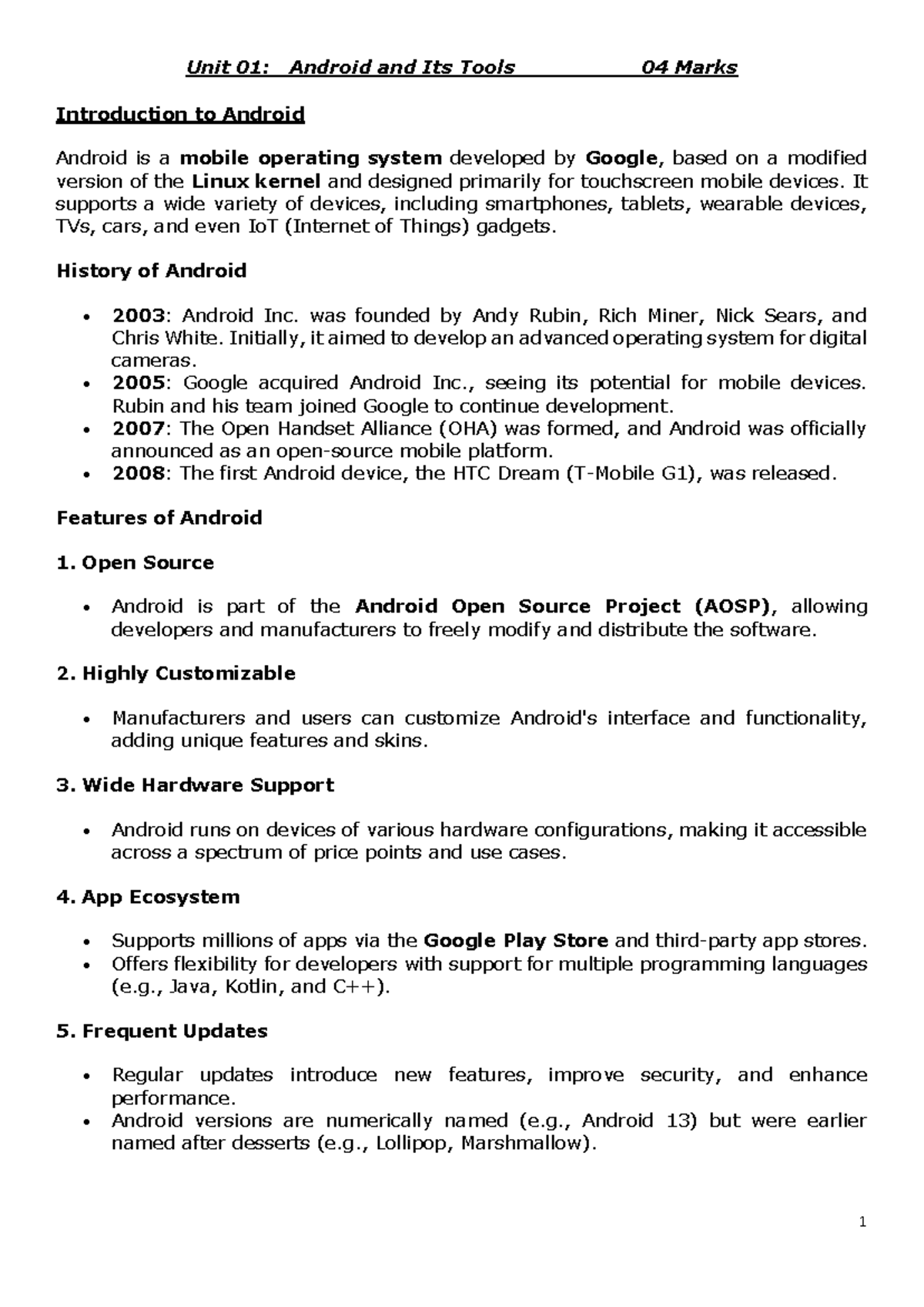 Unit 01 - MAD UNIT 01 NOTES - Unit 01: Android and Its Tools 04 Marks ...