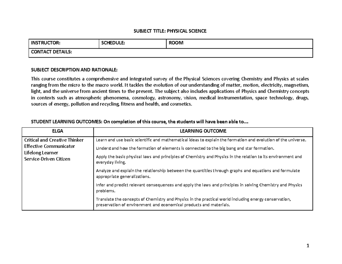 Syllabus for PHYS 101: Comprehensive Physical Science Overview - Studocu