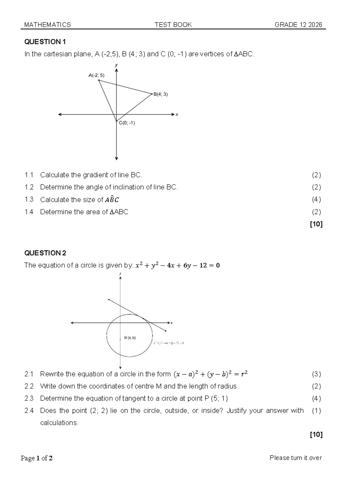 MATHEMATICS TEST GRADE 12 - CIRCLE GEOMETRY & POLYNOMIALS - Studocu