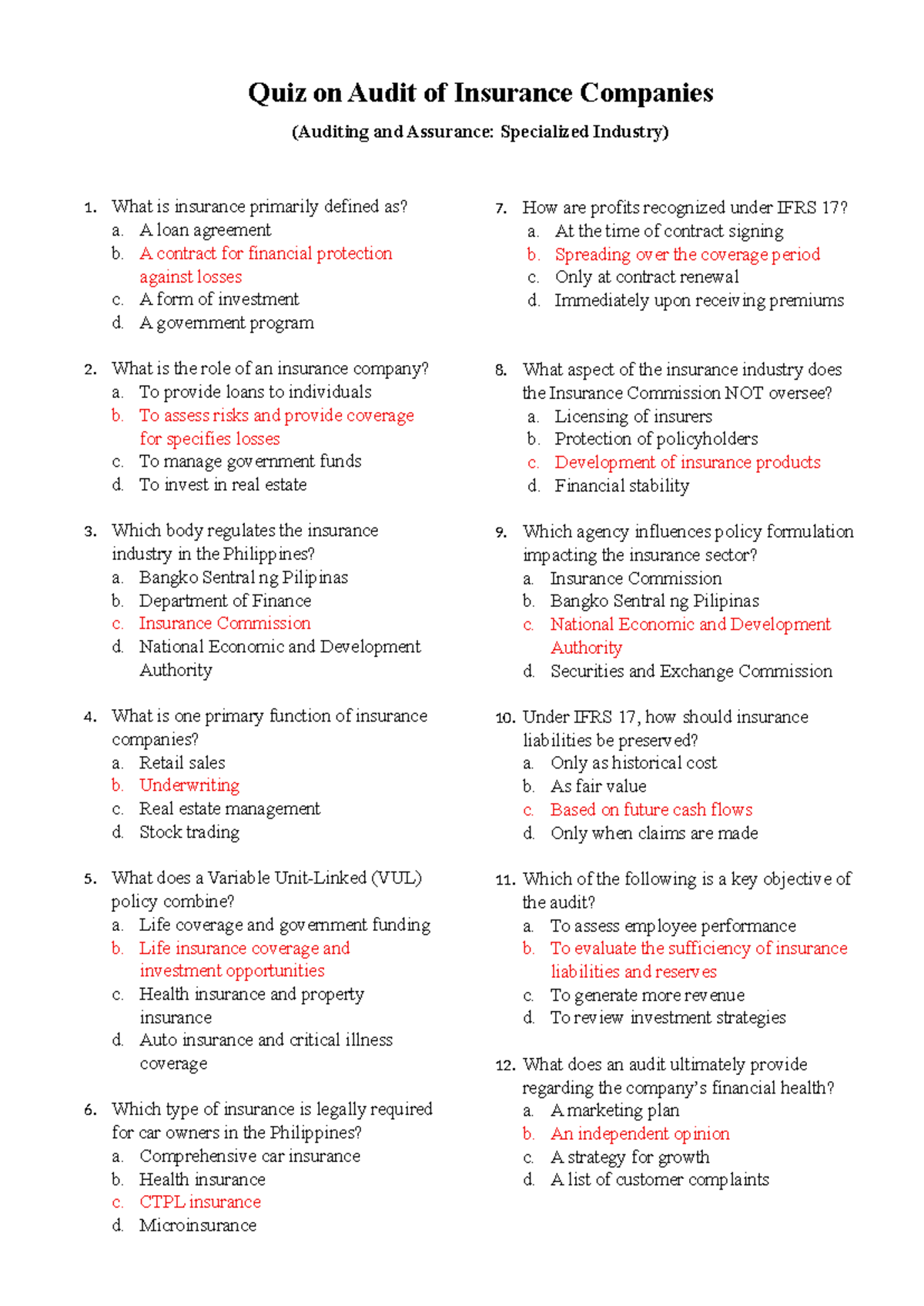 Quiz on Audit of Insurance Companies (Auditing and Assurance) - Studocu