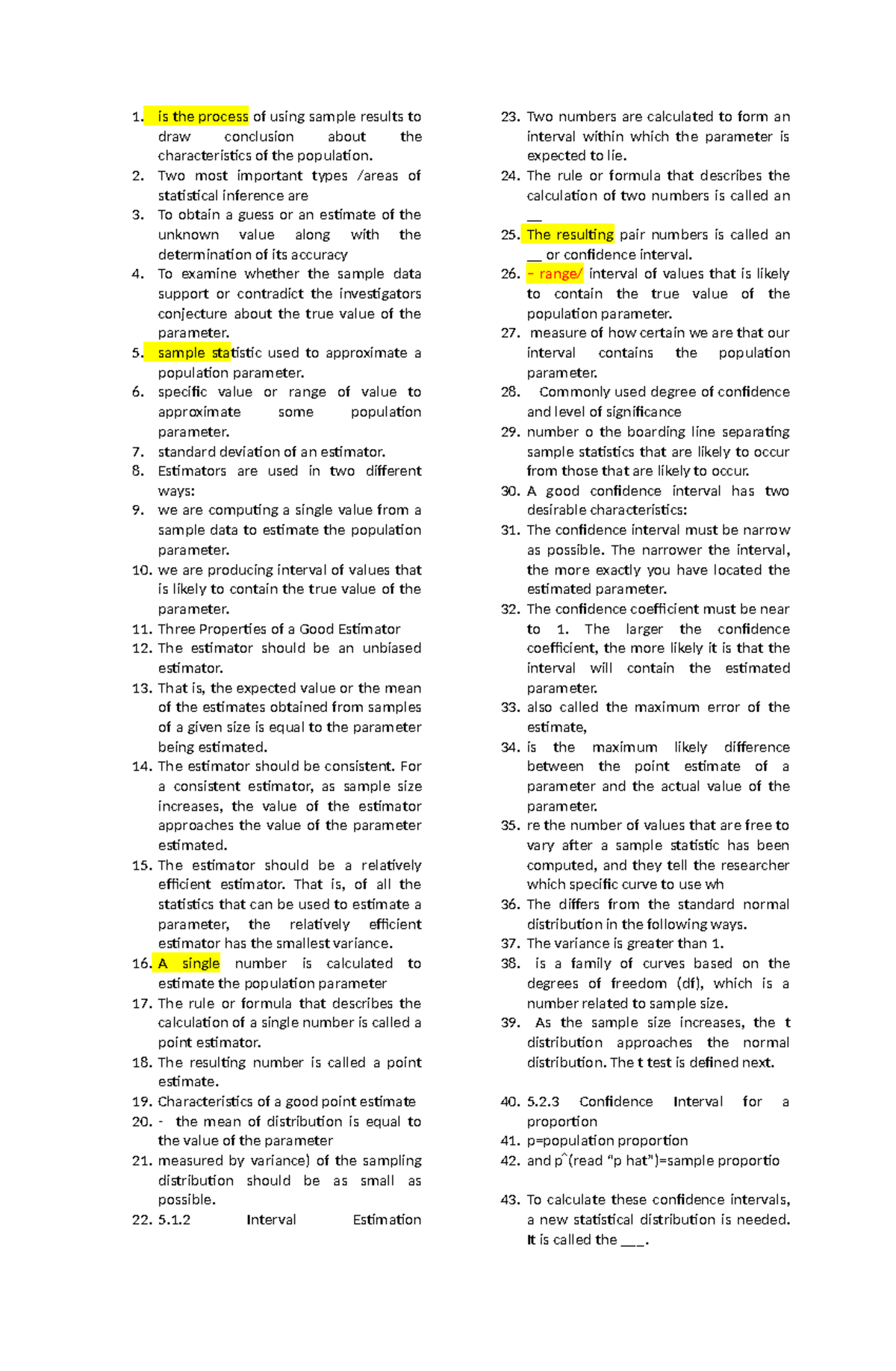 STAT 101 Midterm Review: Statistical Inference & Estimation Concepts ...