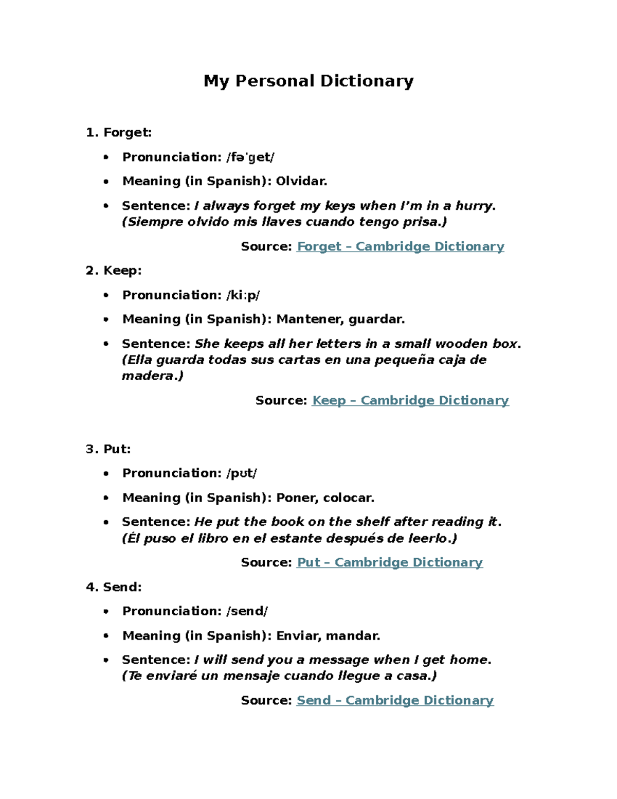 Personal Dictionary: Key Verbs and Their Meanings (Spanish) - Studocu