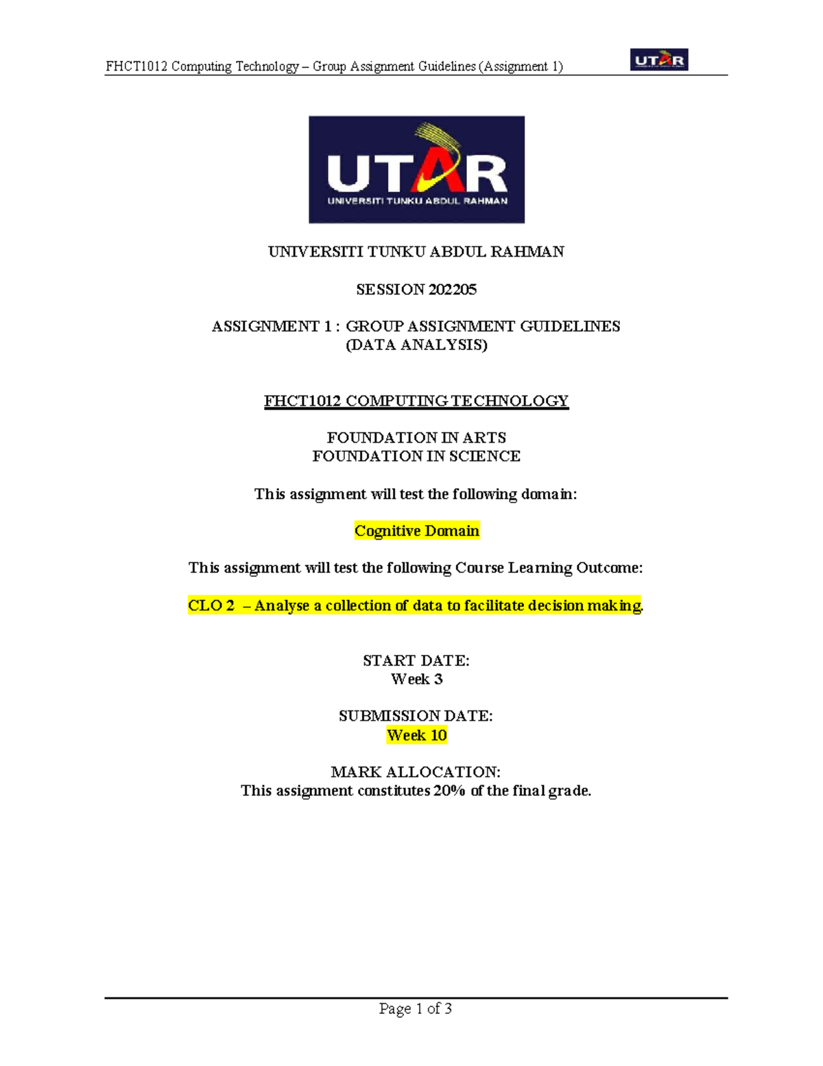 FHCT1012 Group Assignment Guidelines: Data Analysis (Assignment 1 ...